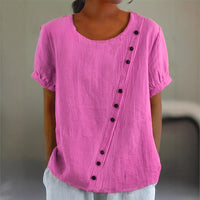 Womens Retro Cotton-Linen Short-Sleeve Shirt