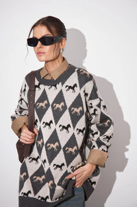 Womens Versatile Color-Block Jacquard Knit Top With Long Sleeves