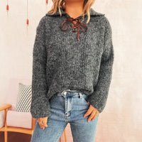 Simple Commute Lapel Tied Knitted Pullover Solid Color Loose Sweater