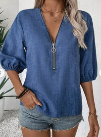 Elegant Deep V-Neck Zip-Up Blouse For Women - Chic Spring Fall Fashion, Machine Washable, Design, Sleeve
