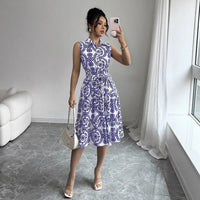 Stylish Printed Sleeveless Lace-Up Waist-Cinching Dress