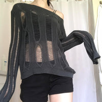Temperament Crew Neck Long Sleeve Hollow-out Loose Casual Bottoming Sweater