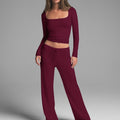 Women's Long-Sleeve Square-Neck Top And Yoga Pants Two-Piece Set