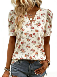 New Printed V-neck Puffed Short-sleeve Casual Fashion Top