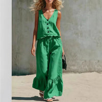 Womens Fashion Casual Solid Color V-Neck Vest And Pants Two-Piece Set