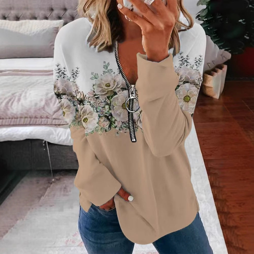 Flower Print Pullover Round Neck Zipper Sweater