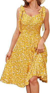 V-Neck Elegant Floral Print Waist-Cinching Lace-Up A-Line Dress Womens Wear