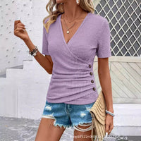 Women's V-neck Pleated Short Sleeves T-shirt