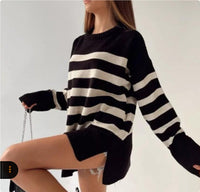 Women's Pullover Loose Round Neck Contrast Color Knitted Striped Sweater