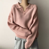 Winter Lapel Pullover Knitting Korean Style Sweater Thick Solid Color And V-neck Sweater