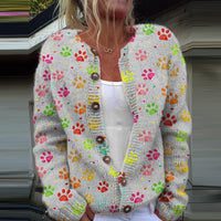 Striped Knitted Digital Print Floral Cardigan Halterneck Sweater Single-Breasted Long-Sleeve Loose-Fit