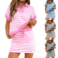 Striped V-Neck Casual Short-Sleeve Polo Skirt Set