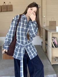 Womens Blue Plaid Shirt With Tie Waist For A Slimming Look