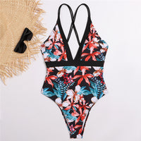 Leaf print lace-up swimsuit