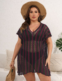 Contrast-color Patchwork Hollow-out Woven Cover-up Beach Bikini For Women