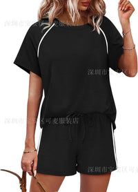 Womens Round-Neck Short-Sleeve Casual Shorts Two-Piece Set