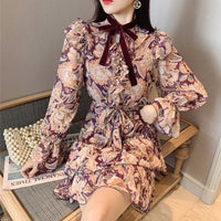 Retro Floral Print Bow Long-sleeved Jumpsuit Skirt