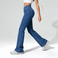 High-elastic, Cross-waist, Faux Denim Flared Pants For A Casual Look