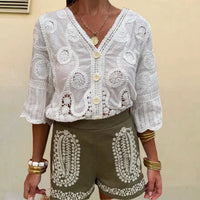 Fashion Sweet V-neck Single Breasted Loose T-shirt