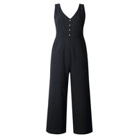 Women's Fashion Pocket Zipper V-Neck Button Backless Jumpsuit