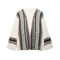 Fashion V-neck Sweater Jacquard Loose-fitting Coat