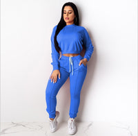 Women's Casual Sports Solid Color Long Sleeve Pullover Top Drawstring Trousers Suit