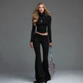 Womens Turtleneck Long-sleeve Flared Pants Two-piece Set