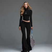 Womens Turtleneck Long-sleeve Flared Pants Two-piece Set