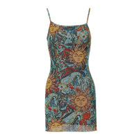 Stylish Strap Sun-Printed Sheer Mesh Bodycon Dress