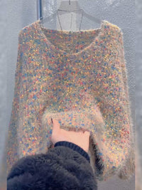 Women's V-neck Pullover Short Colorful Polka Dot Sweater