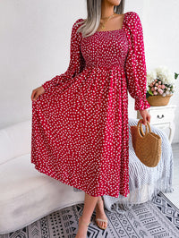 Women Square Neck Long Sleeve Vacation Rayon Pleated Maxi Dress