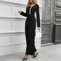 Retro Contrasting Color Waist-Cinched Wide-Leg Long-Sleeve Jumpsuit For Women