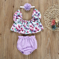 Girls' Flying Sleeves Flower Solid Color Briefs Set