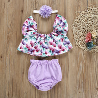 Girls' Flying Sleeves Flower Solid Color Briefs Set