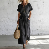 Short-sleeve V-neck Casual Cotton-linen Dress With A Belt