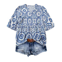Women's Vintage-print Loose-fit V-neck Short-sleeve Blouse