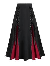 Womens Color-Block High-Waisted Skirt With Buttonholes And Lace-Up Details