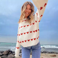 Sweet Cute Love Heart Two-tone Jacquard Contrast Color Round Neck Long Sleeve Sweater