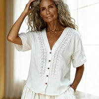 Loose-fit Faux Linen Embroidered Button-up Top