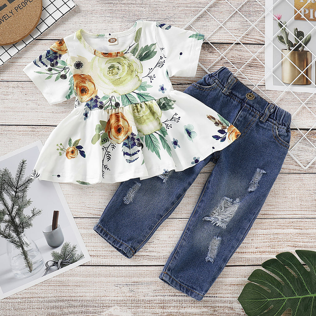 Rose flower top denim ripped trousers two-piece suit