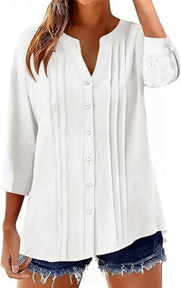 Pleated Casual Solid-Color Loose Cotton-Linen Shirt