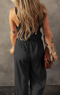 Pale Khaki Knotted Straps Button Textured Drawstring Jumpsuit