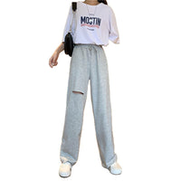 Women's Relaxed-fit Drawstring Design Distressed Wide-leg Trousers