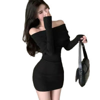 Red Slimming Off Shoulder Knitted Dress For Women