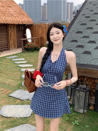 Korean-style Plaid Halter Dress For Women