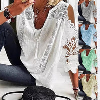 Women's U-Neck Embroidered Cotton Hollow-Out Tassel Top T-Shirt