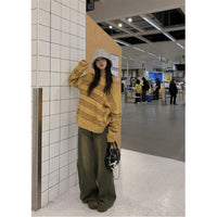 Lazy Style Striped Color-blocking Off-shoulder Knit Sweater Women's New Springautumn Style