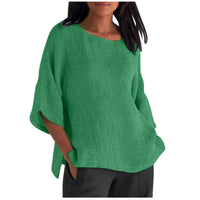 Womens Casual Crew-neck Cotton-linen Shirt Top