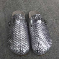 Womens Cork-toe Patterned Leather Belt Buckle Half-slipper