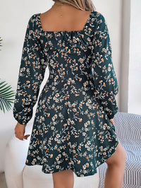 Women's Casual Sexy Tie Waist Square Neck Floral Print Long Sleeve A-Line Dress